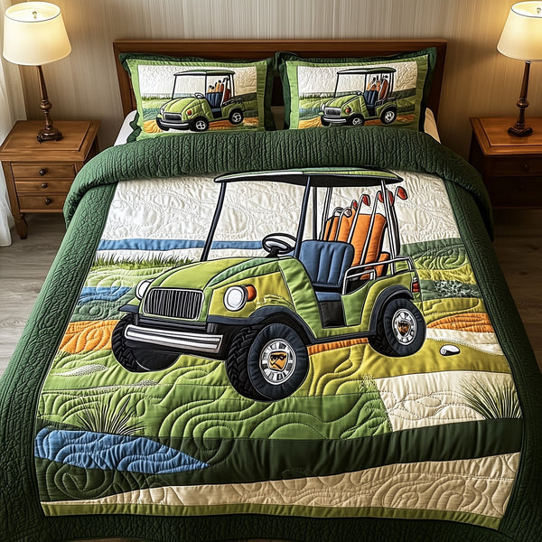 Fairway Rider quilted 3-piece bedding set on a made bed with two matching pillow shams