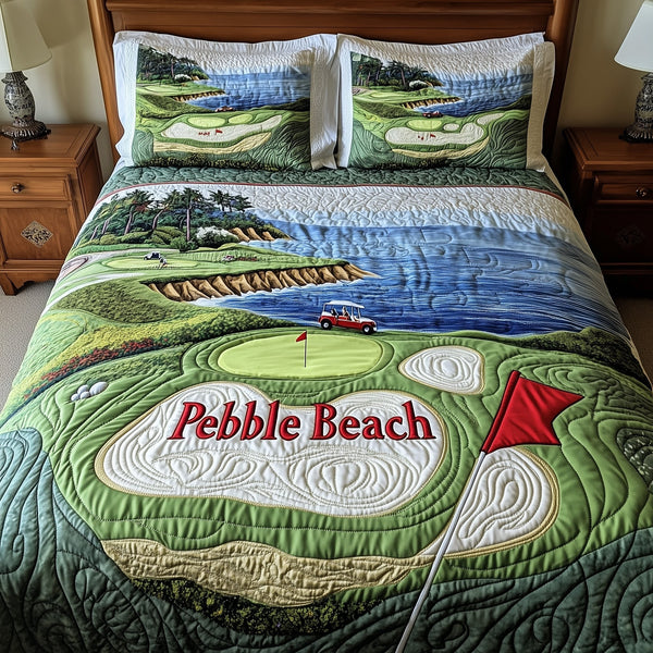 Coastal Fairway Retreat quilted 3-piece bedding set on a made bed in a light coastal bedroom