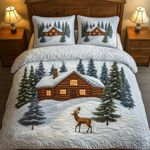 Festive Snowy Log Cabin 3-Piece Quilted Bedding Set - Design 1 — quilt and two matching pillow shams
