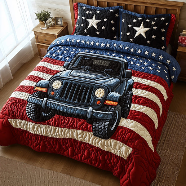 American Steel quilted 3-piece bedding set on a made bed in a warmly lit bedroom