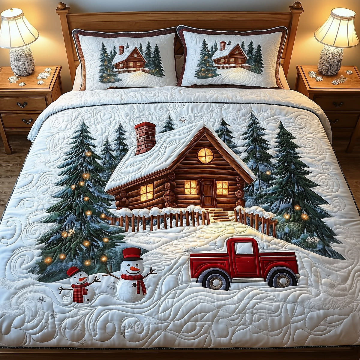 Festive Snowy Log Cabin 3-Piece Quilted Bedding Set - Design 3 — quilt and two matching pillow shams