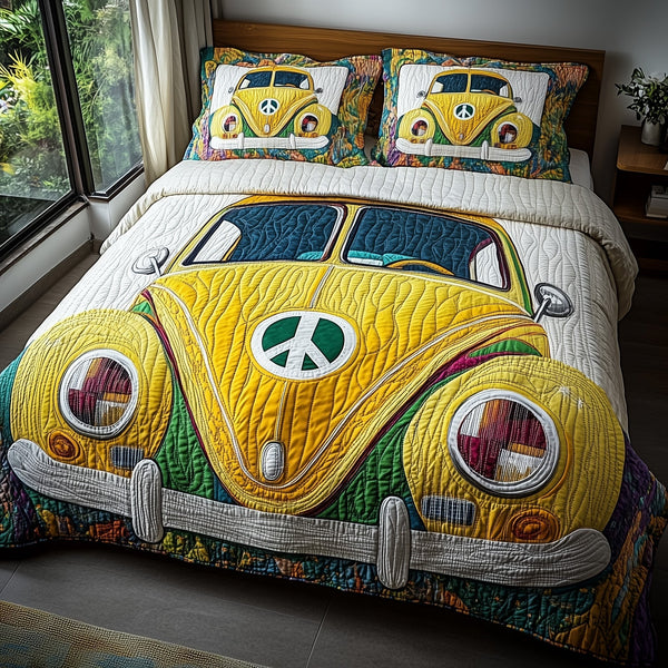 Bug Life quilted 3-piece bedding set on a made bed with two matching pillow shams
