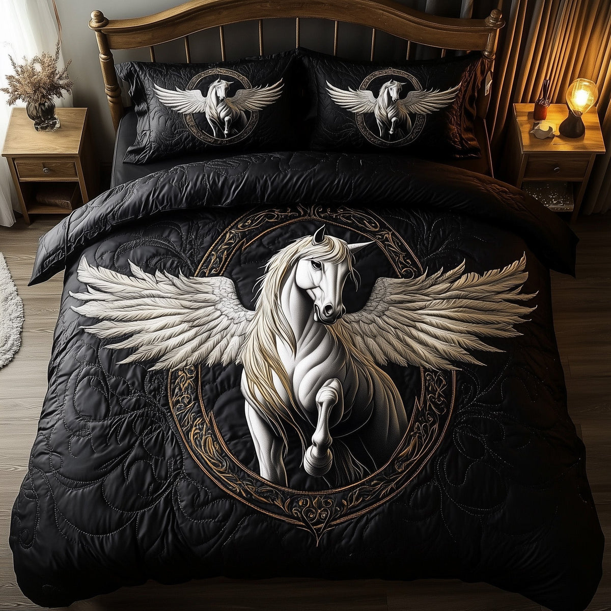 Elegant White Horse 3-Piece Quilted Bedding Set - Design 9 — quilt and two matching pillow shams