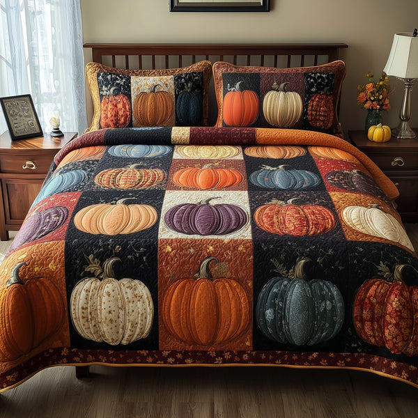 Autumn Glow quilted 3-piece bedding set on a made bed with two matching pillow shams