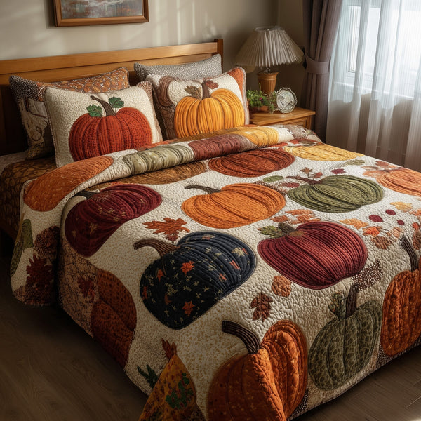 Autumn Glow quilted 3-piece bedding set on a made bed with two matching pillow shams