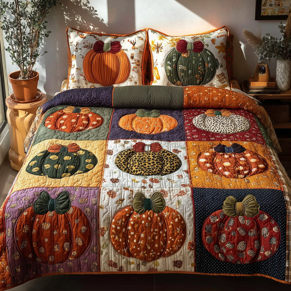 Autumn Charm quilted 3-piece bedding set on a made bed with two matching pillow shams