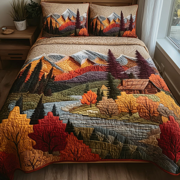 Autumn Forest quilted 3-piece bedding set on a made bed with two matching pillow shams
