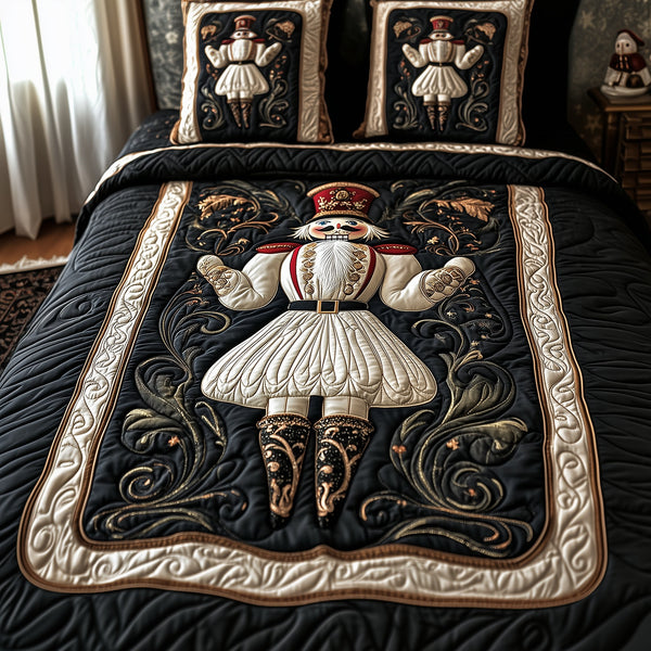 Christmas Nutcracker quilted 3-piece bedding set on a made bed in a winter-styled bedroom