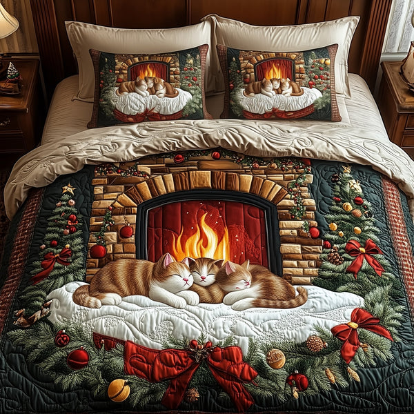 Cats by Fireplace quilted 3-piece bedding set on a made bed with two matching pillow shams