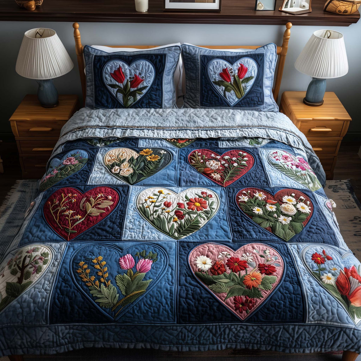 Blossom Heart Patchwork 3-Piece Quilted Bedding Set - Design 1 — quilt and two matching pillow shams