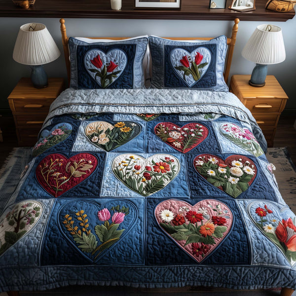 Blossom Heart Patchwork quilted 3-piece bedding set on a made bed in a farmhouse bedroom