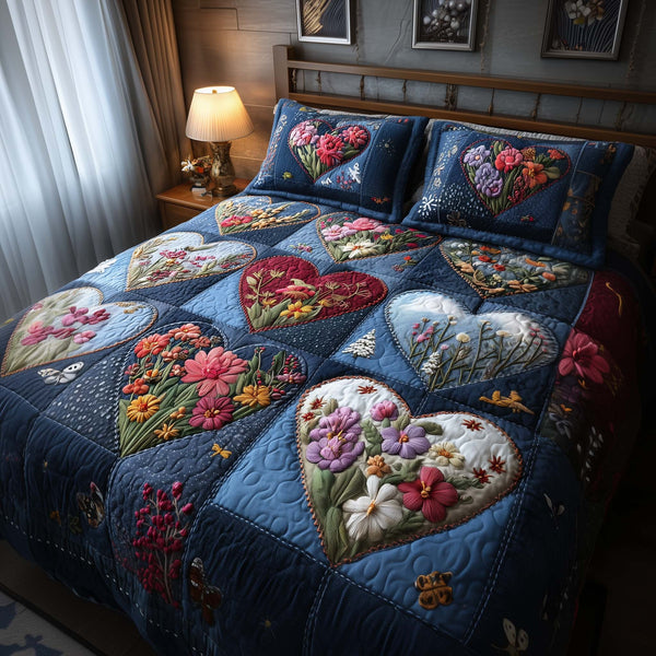 Blossom Heart Patchwork quilted 3-piece bedding set on a made bed in a farmhouse bedroom