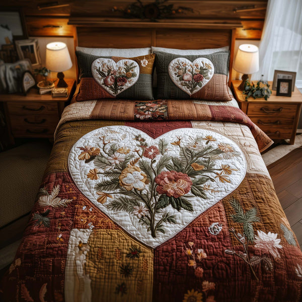 Blossom Heart Patchwork quilted 3-piece bedding set on a made bed in a farmhouse bedroom