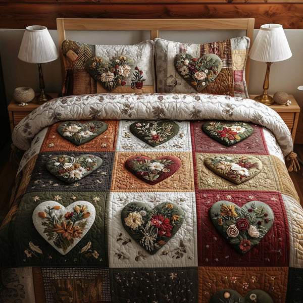 Blossom Heart Patchwork quilted 3-piece bedding set on a made bed in a farmhouse bedroom