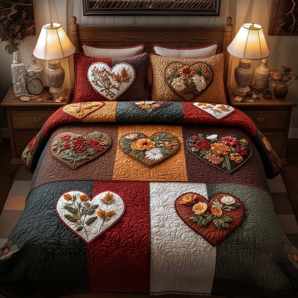 Blossom Heart Patchwork quilted 3-piece bedding set on a made bed in a farmhouse bedroom