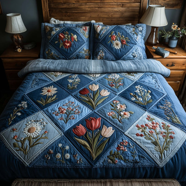 Blossom Heart Patchwork quilted 3-piece bedding set on a made bed in a farmhouse bedroom