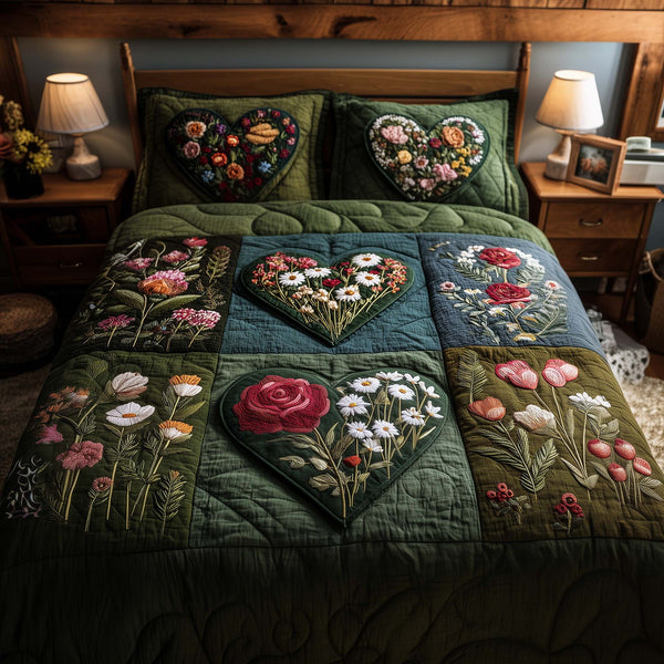 Blossom Heart Patchwork quilted 3-piece bedding set on a made bed in a farmhouse bedroom