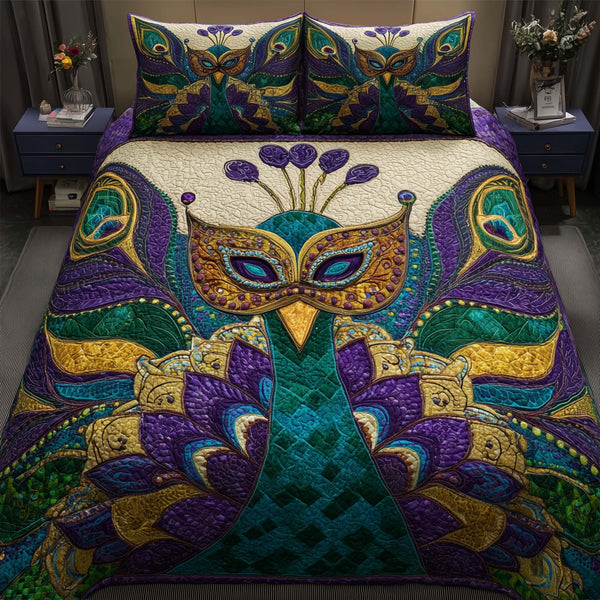 Elegant Peacock quilted 3-piece bedding set on a made bed with two matching pillow shams