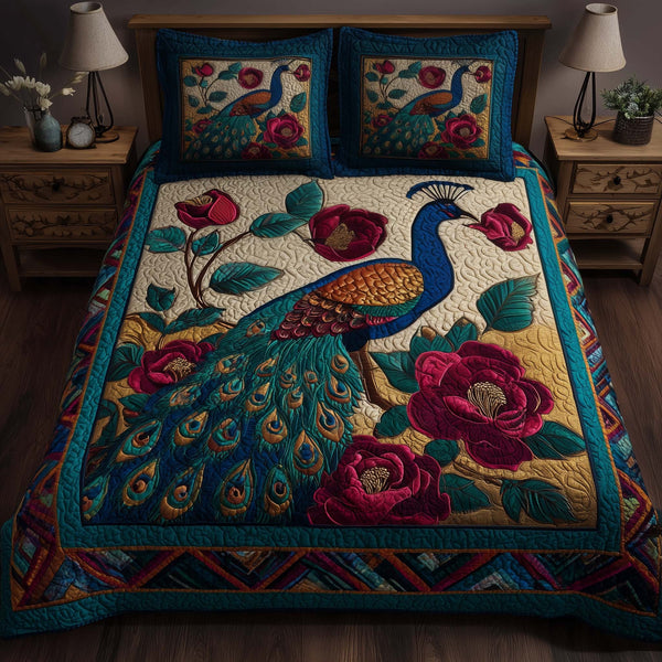 Elegant Peacock quilted 3-piece bedding set on a made bed with two matching pillow shams