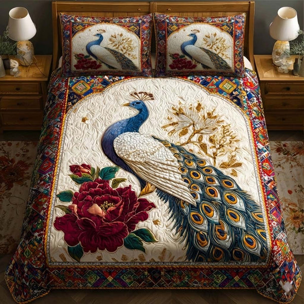 Elegant Peacock quilted 3-piece bedding set on a made bed with two matching pillow shams