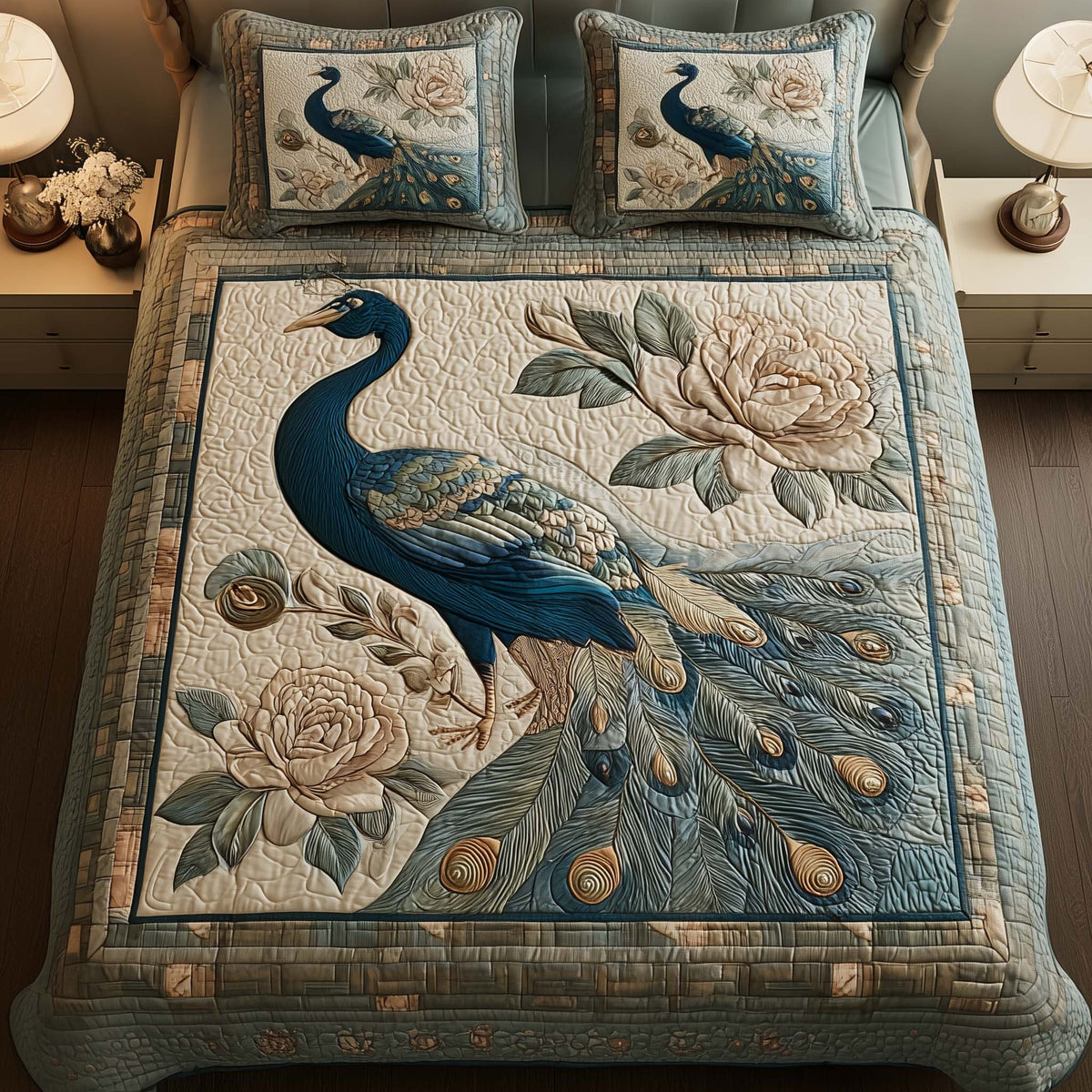 Elegant Peacock 3-Piece Quilted Bedding Set - Design 5 — quilt and two matching pillow shams