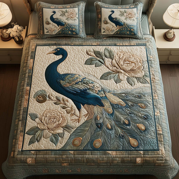 Elegant Peacock quilted 3-piece bedding set on a made bed with two matching pillow shams