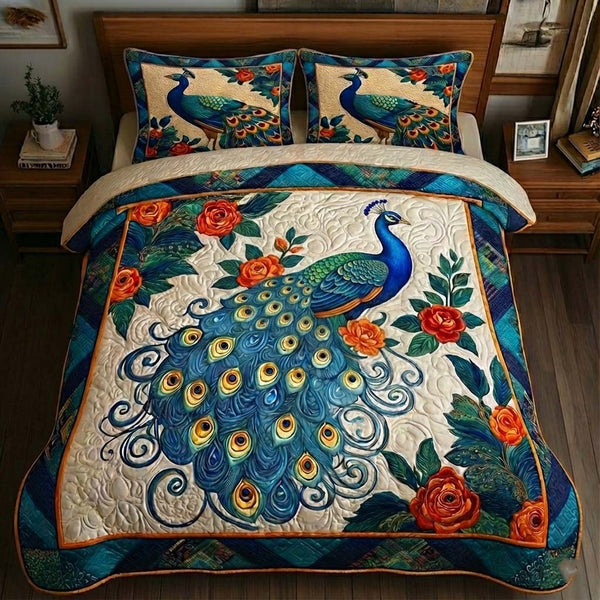 Elegant Peacock 3-Piece Quilted Bedding Set - Design 6 — quilt and two matching pillow shams