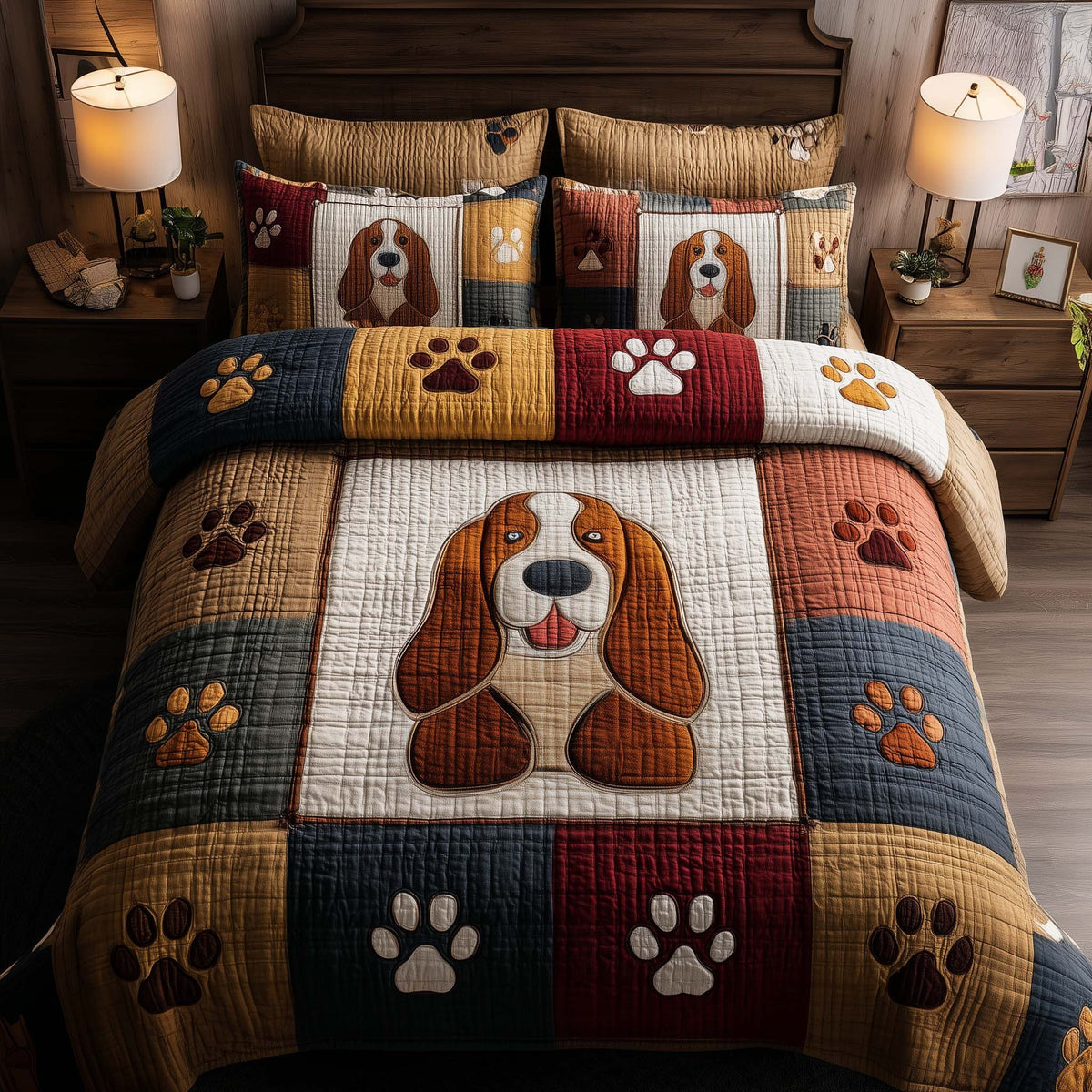 Basset Hound Paws 3-Piece Quilted Bedding Set — quilt and two matching pillow shams