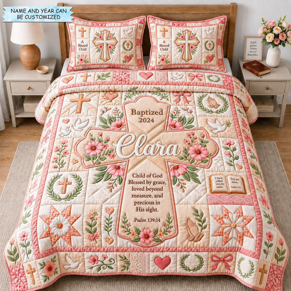 A Blessed Child 3-Piece Quilted Bedding Set QTCUZ quilted 3-piece bedding set on a made bed in a softly lit bedroom
