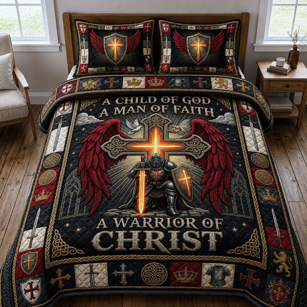 A Child Of God quilted 3-piece bedding set on a made bed in a softly lit bedroom