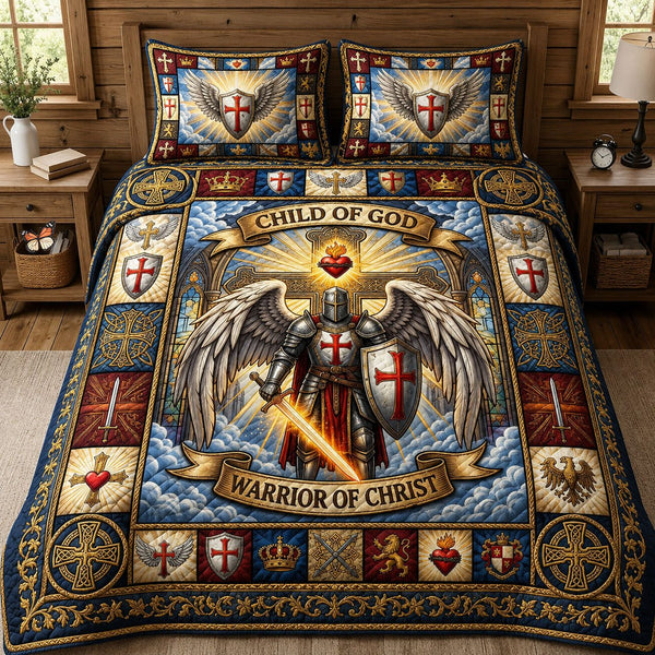 A Child Of God quilted 3-piece bedding set on a made bed in a softly lit bedroom