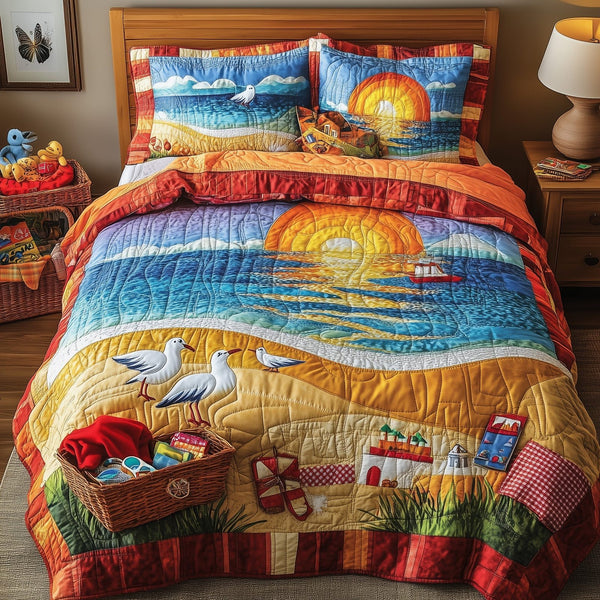 A Day At The Beach quilted 3-piece bedding set on a made bed in a light coastal bedroom