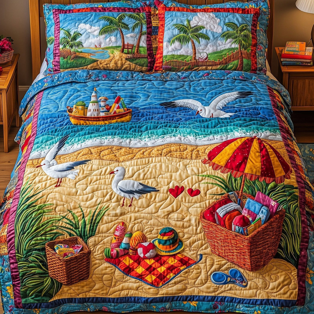 A Day At The Beach quilted 3-piece bedding set on a made bed in a light coastal bedroom