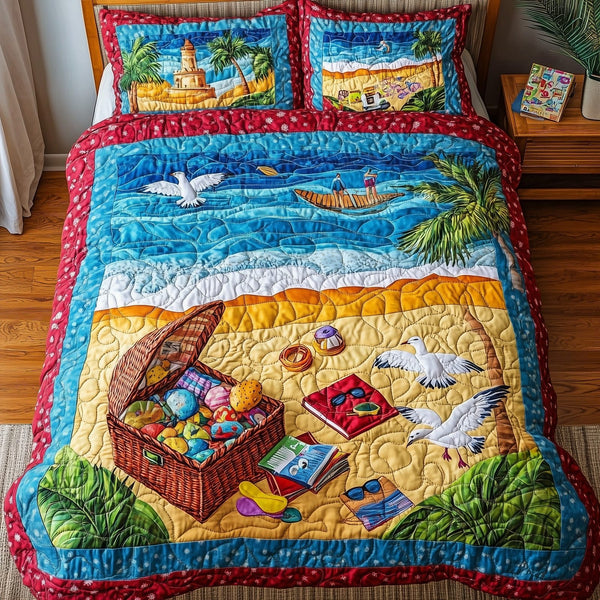 A Day At The Beach quilted 3-piece bedding set on a made bed in a light coastal bedroom