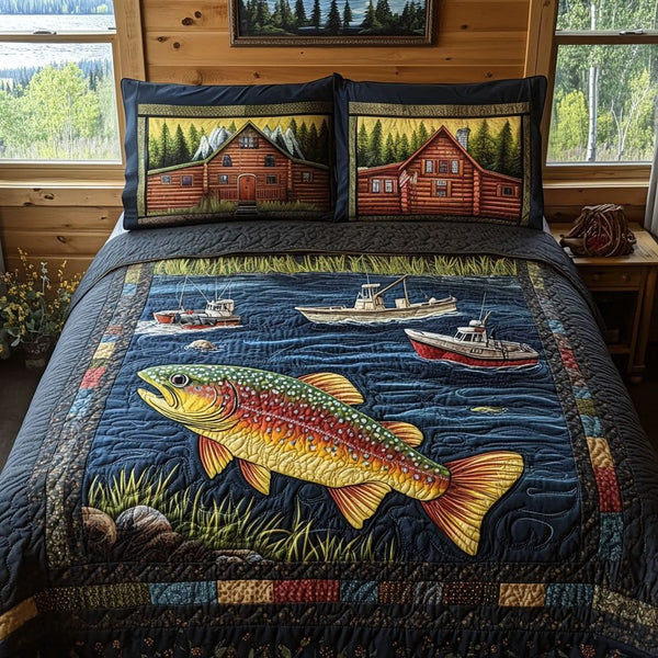A Day on the Lake quilted 3-piece bedding set on a made bed with two matching pillow shams