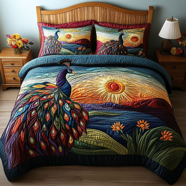 A Plumed Path Through Paradise quilted 3-piece bedding set on a made bed with two matching pillow shams