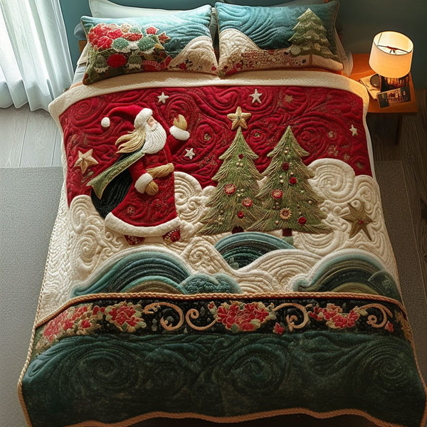 A Santa to Remember quilted 3-piece bedding set on a made bed in a winter-styled bedroom