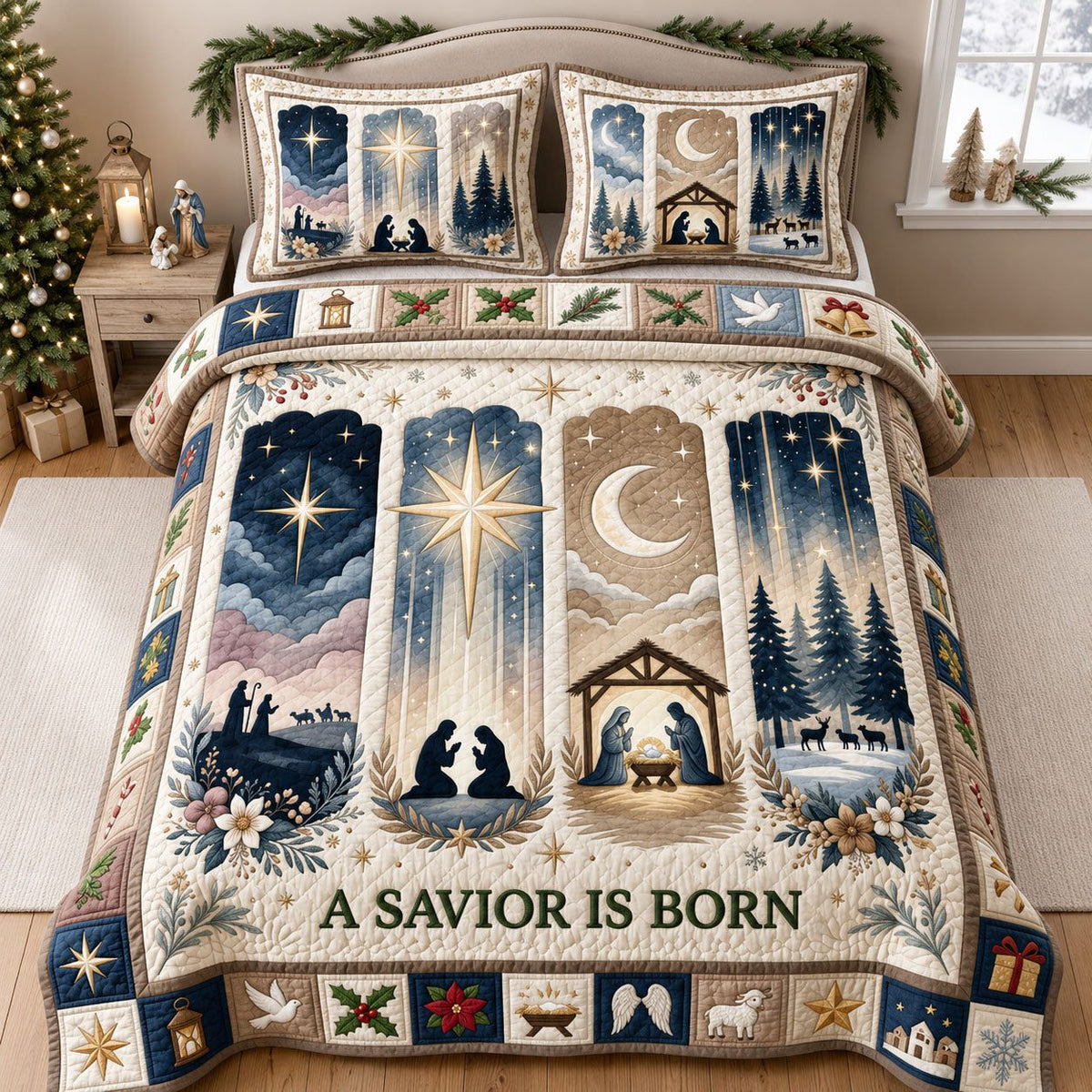 A Savior Is Born quilted 3-piece bedding set on a made bed with two matching pillow shams