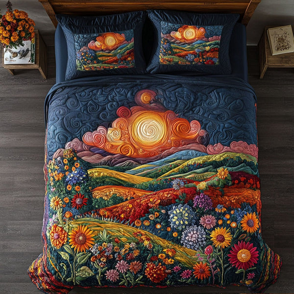 A Symphony of Nature quilted 3-piece bedding set on a made bed with two matching pillow shams