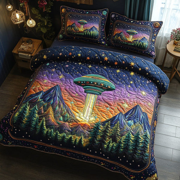 Abduction Aesthetic quilted 3-piece bedding set on a made bed with two matching pillow shams