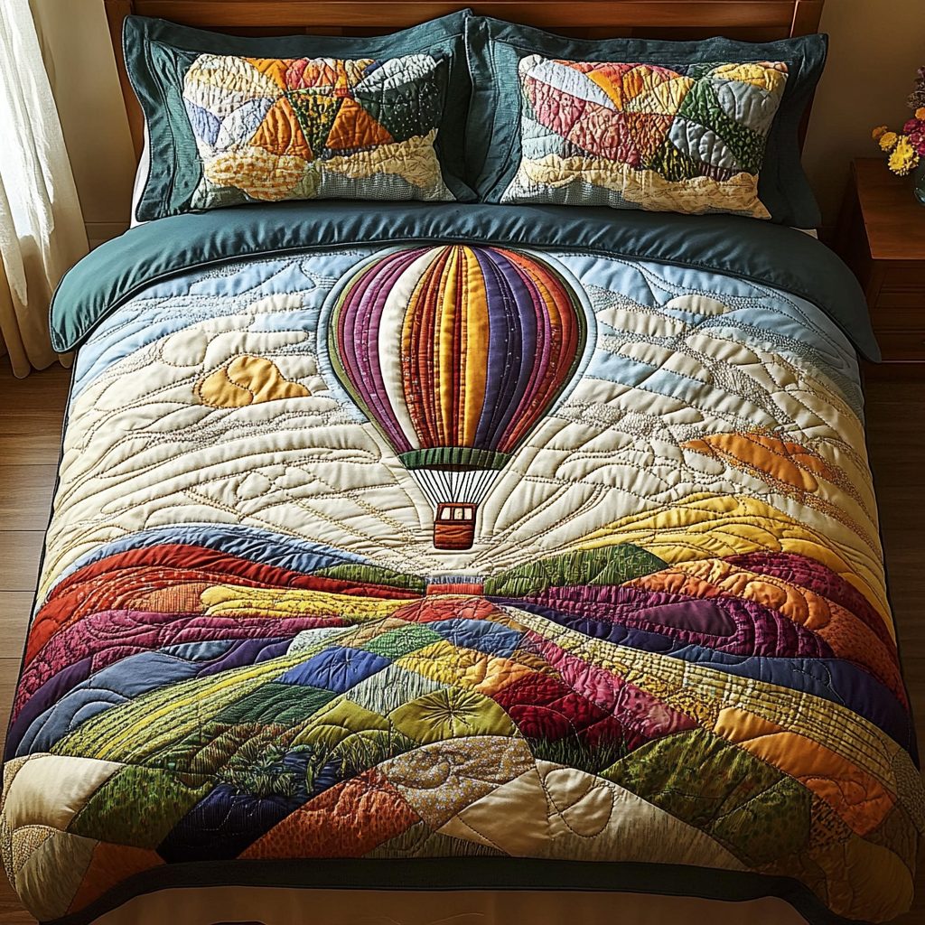 Above the Clouds quilted 3-piece bedding set on a made bed with two matching pillow shams