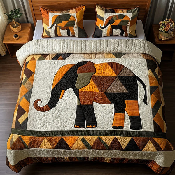 Abstract Safari quilted 3-piece bedding set on a made bed with two matching pillow shams