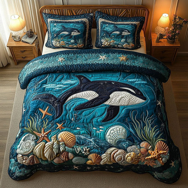 Abyssal Majesty quilted 3-piece bedding set on a made bed with two matching pillow shams