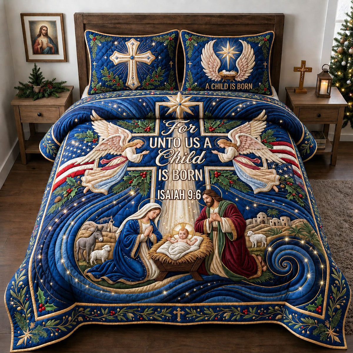 Achild Is Born quilted 3-piece bedding set on a made bed with two matching pillow shams