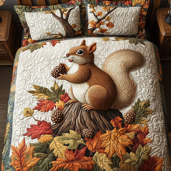 Acorn Gathering quilted 3-piece bedding set on a made bed with two matching pillow shams