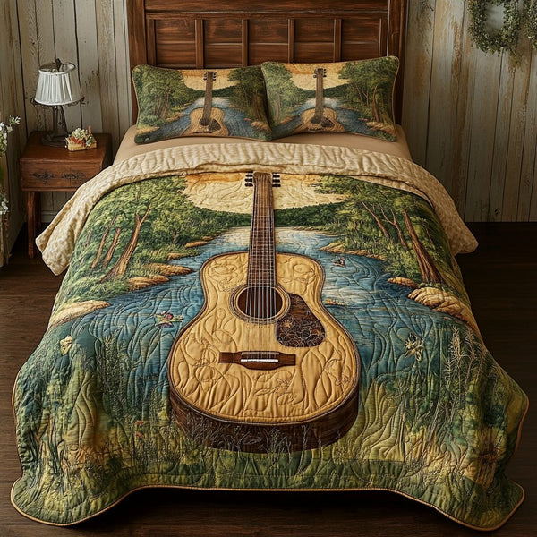 Acoustic Bliss quilted 3-piece bedding set on a made bed with two matching pillow shams