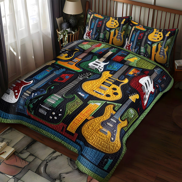 Acoustic Vibes quilted 3-piece bedding set on a made bed with two matching pillow shams