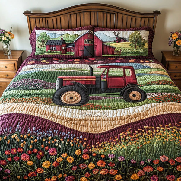 Acres of Plenty quilted 3-piece bedding set on a made bed with two matching pillow shams
