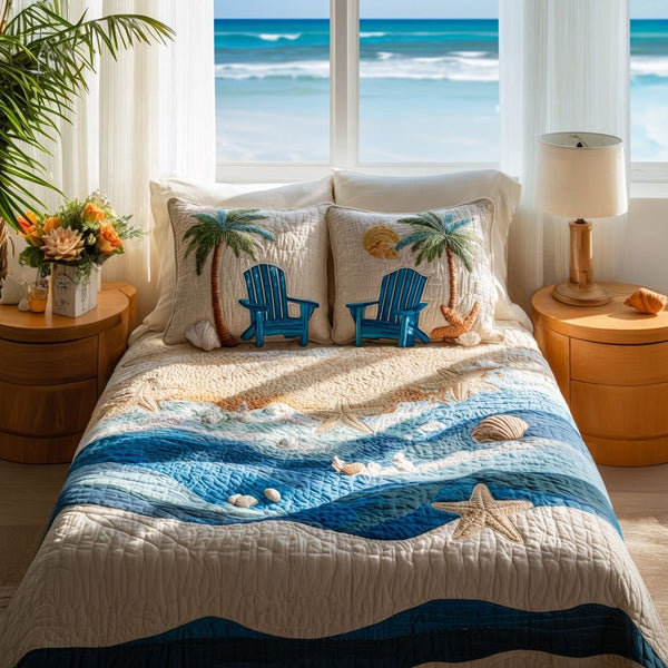 Adirondack Sunset quilted 3-piece bedding set on a made bed with two matching pillow shams