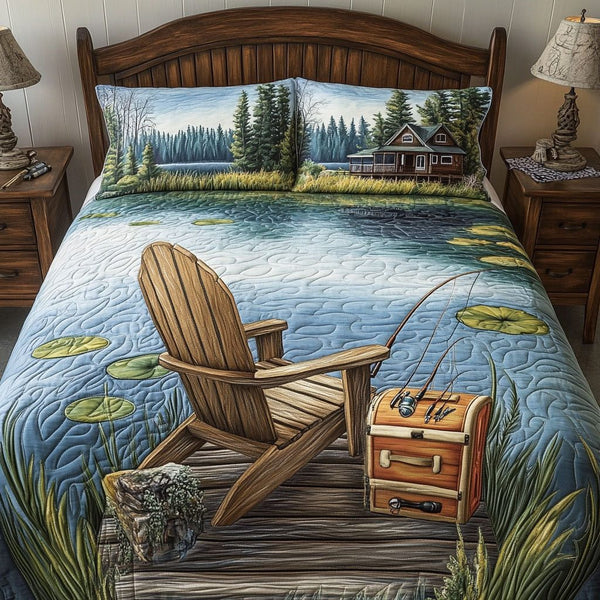 Adirondack Views quilted 3-piece bedding set on a made bed with two matching pillow shams